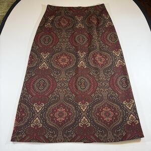 Briggs Vintage 90s Boho Academia Paisley Maxi Skirt Back Slit Red Brown Wms 14